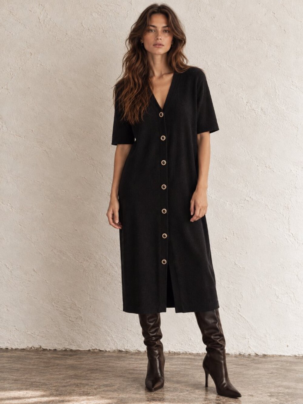 Vintage 90s Wool Blend Knit Button Front Midi Dress | Long Cardigan Duster